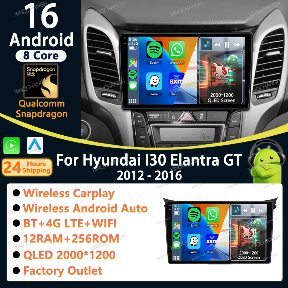 Android 16 Car Radio Carplay Auto For Hyundai I30 Elantra GT 2012 2013 2014 2015 2016 Video Player Head Unit Casing Frame GPS BT