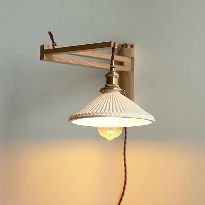 Japanese Style Living Room Wooden Wall Lamp E27 Simple Decorative Pleated Shade Christmas Lighting Decor
