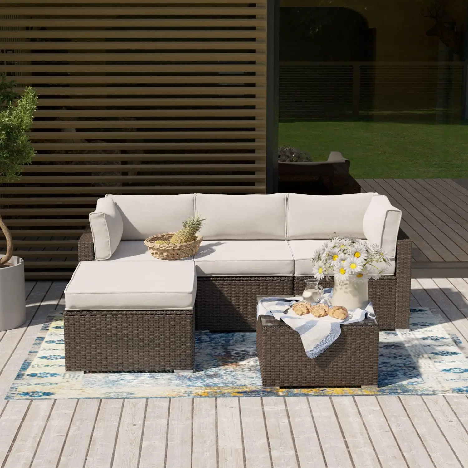 

All-Weather Wicker Patio Conversation Sets Sectional Sofa w 3 Pillows, Cushions, Coffee Table, Ottoman, Patio Furniture Set