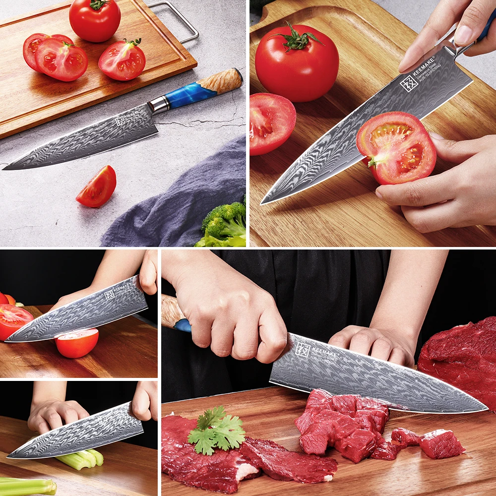 KEEMAKE 8\'\' inch Chef Kitchen Cooking Damascus Steel Knife Blue Resin Handle Slicer Meat Cutting Fruit Vegetable Fish Chopper