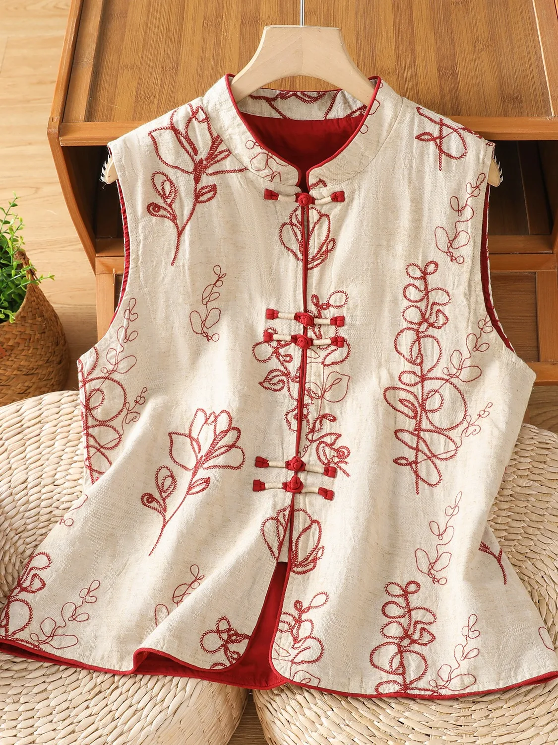 New Chinese Style Embroidered Cotton Linen Ladies Vest Backless Autumn High Sense Improved Tang Costume Shoulder Pad Jacket
