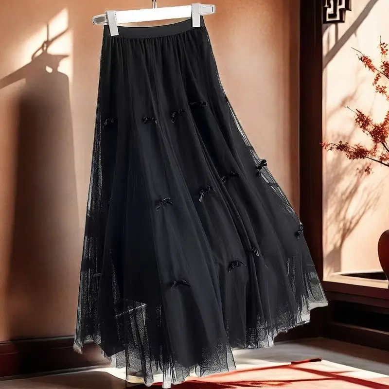 Elegant Tulle Long Skirt Women Sweet Apricot Butterfly Casual High Waist Ball Gown Skirts Loose Solid Korean Party Flared Skirt