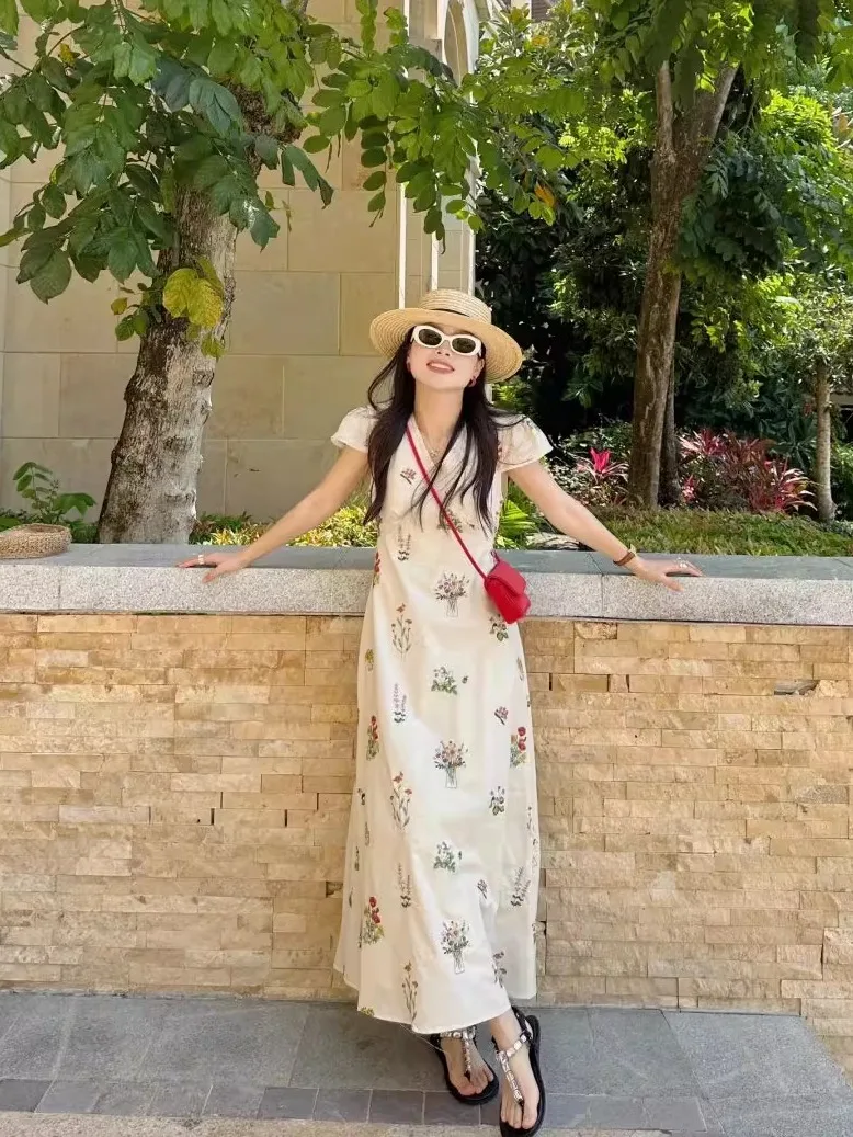 Stunning Floral Summer Dr Women's Unique Small Flng Sve High Waist Slimming Long Dr Commute Sle Polyester Fiber