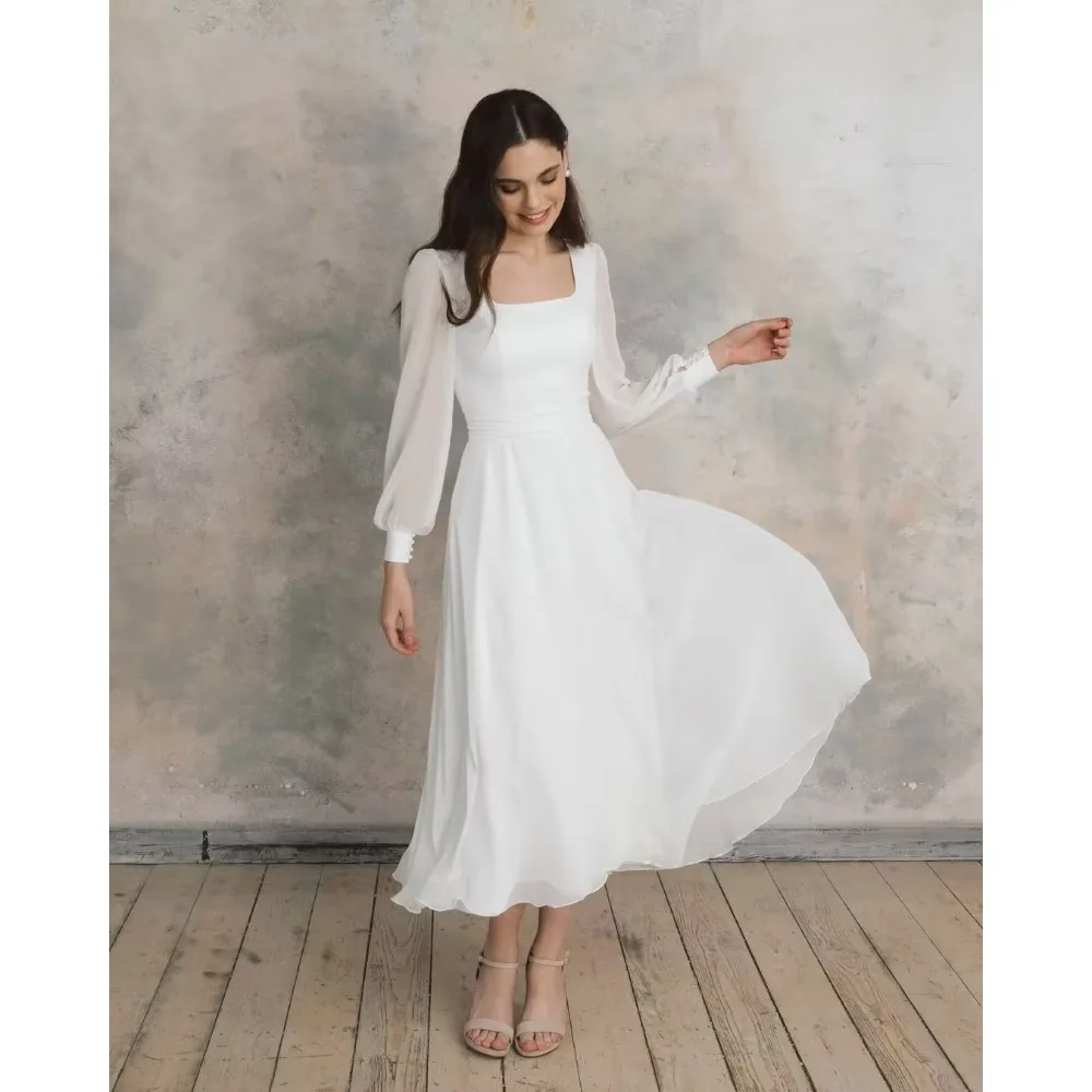 

Customized Chiffon Wedding Dresses For Bride Square Collar Slit High Quality Elegant White Bridal Cheap for Floor-Length Simple