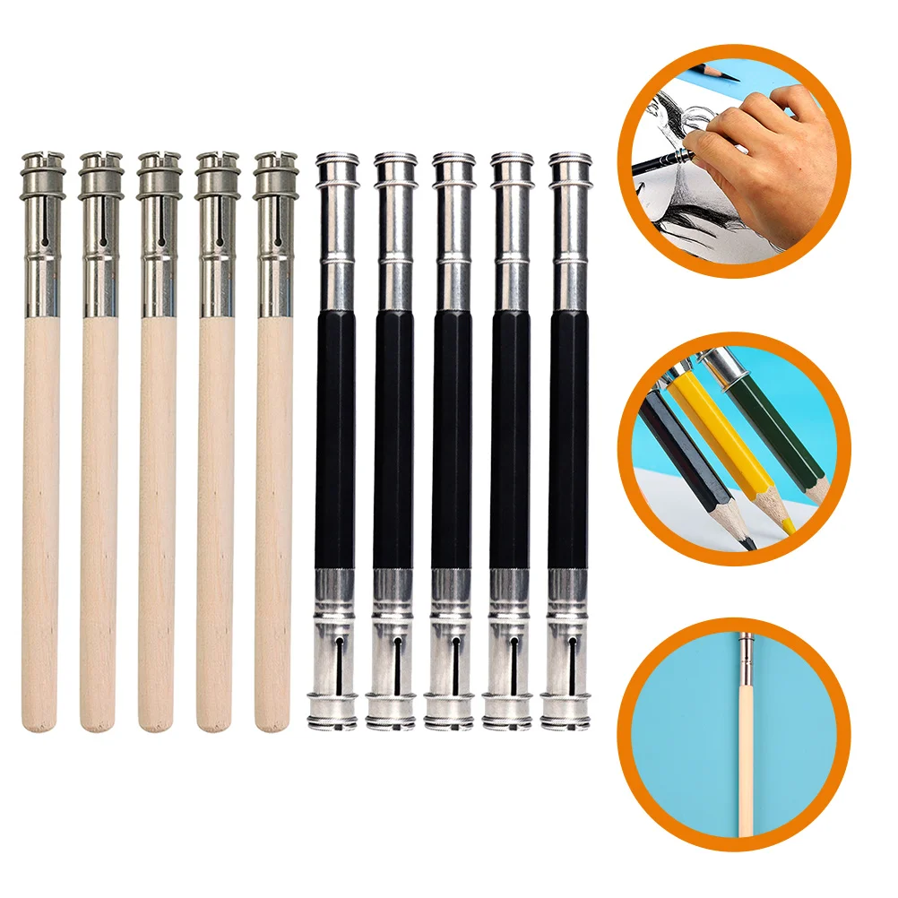 10 Pcs Supplies Pencil Extender Holder Office Write Tool Reusable for Artists Sketch Wooden Pole Metal Lengthen