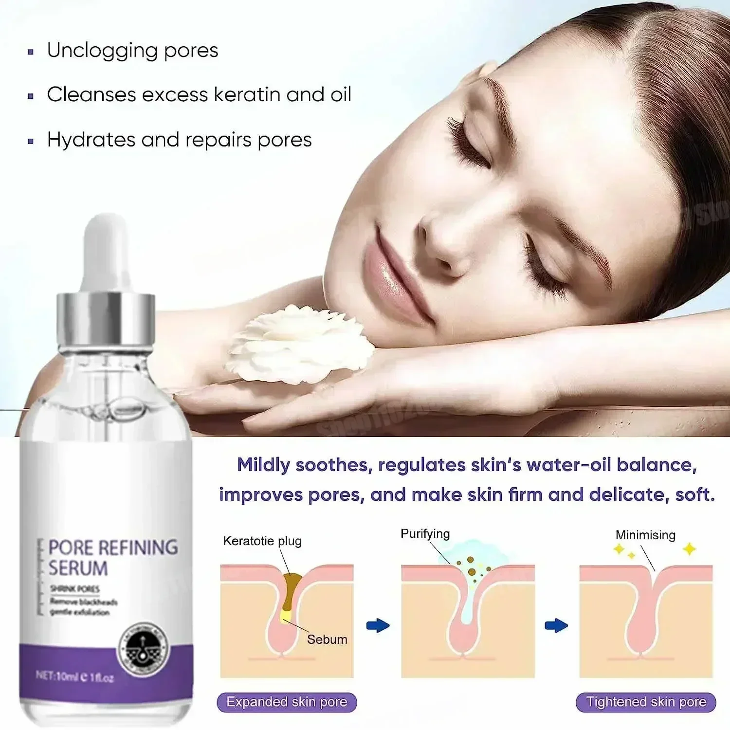 Suero hidratante de larga duración para minimizar los poros, reduce los poros, controla el aceite, refina el cuidado de la piel para una piel suave y brillante, reduce los poros