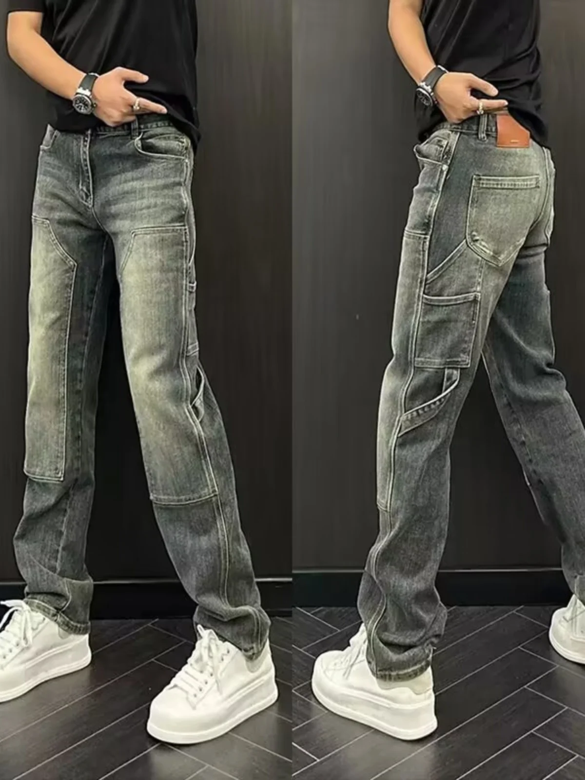 

Высококачественная Гонконгская брендовая американская рабочая одежда в стиле ретро, лоскутная мода, мужские прямые повседневные джинсовые длинные брюки