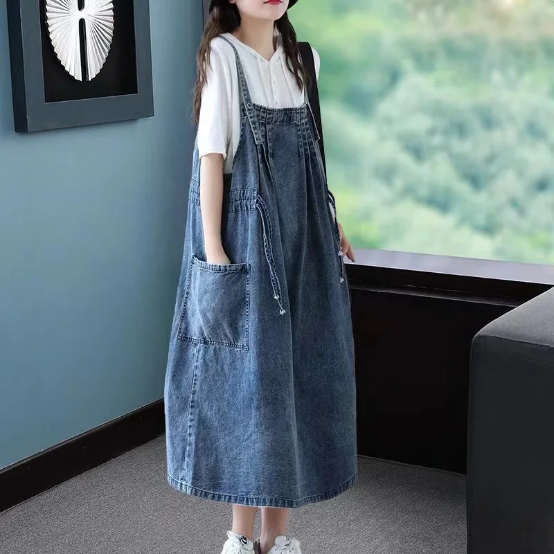

Summer Vintage Denim ter Dr Loose Age-Defng Slimming Versatile Strap Dr Korean Sle A-Line Skirt Long Dr
