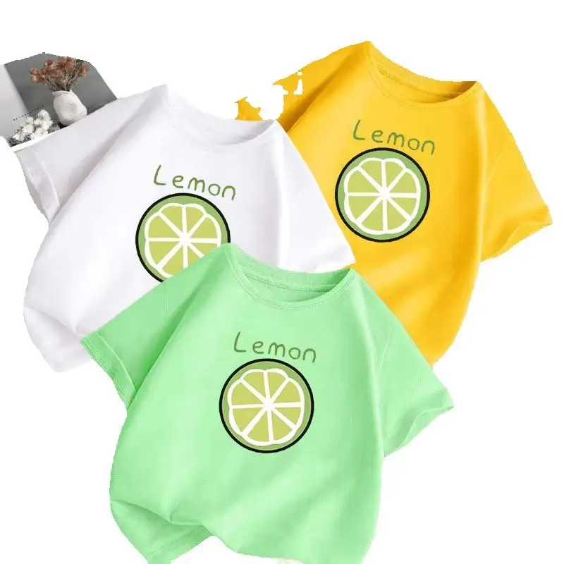 Lemon Pattern Girls' T-shirt Short Sleeved Summer Top 2026 New Summer Boys' Cartoon Top Fashionable Parent-child Outfit