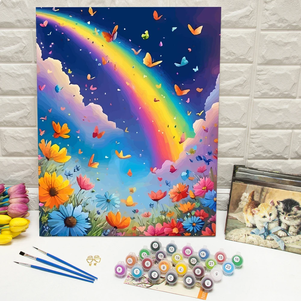 DIY-Ölgemälde nach Zahlen, Regenbogen-Zeichnung nach Zahlen, Blumen-Digital-Ölgemälde, Schmetterling, Kunsthandwerk, handgemaltes Geschenk