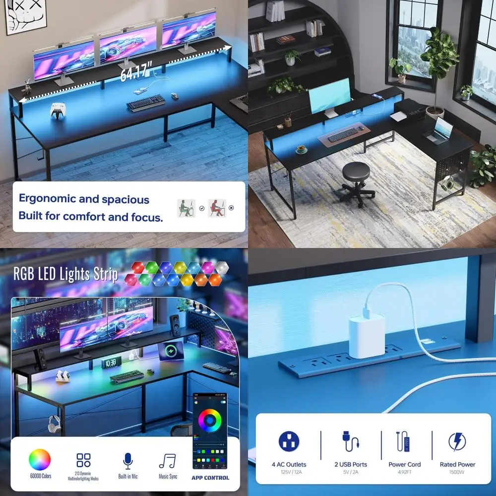 64 Inch L Shaped Gaming Desk with Power Outlets and Led Lights, Large Corner Computer Desk with Monitor Stand and Pegboard, PC T