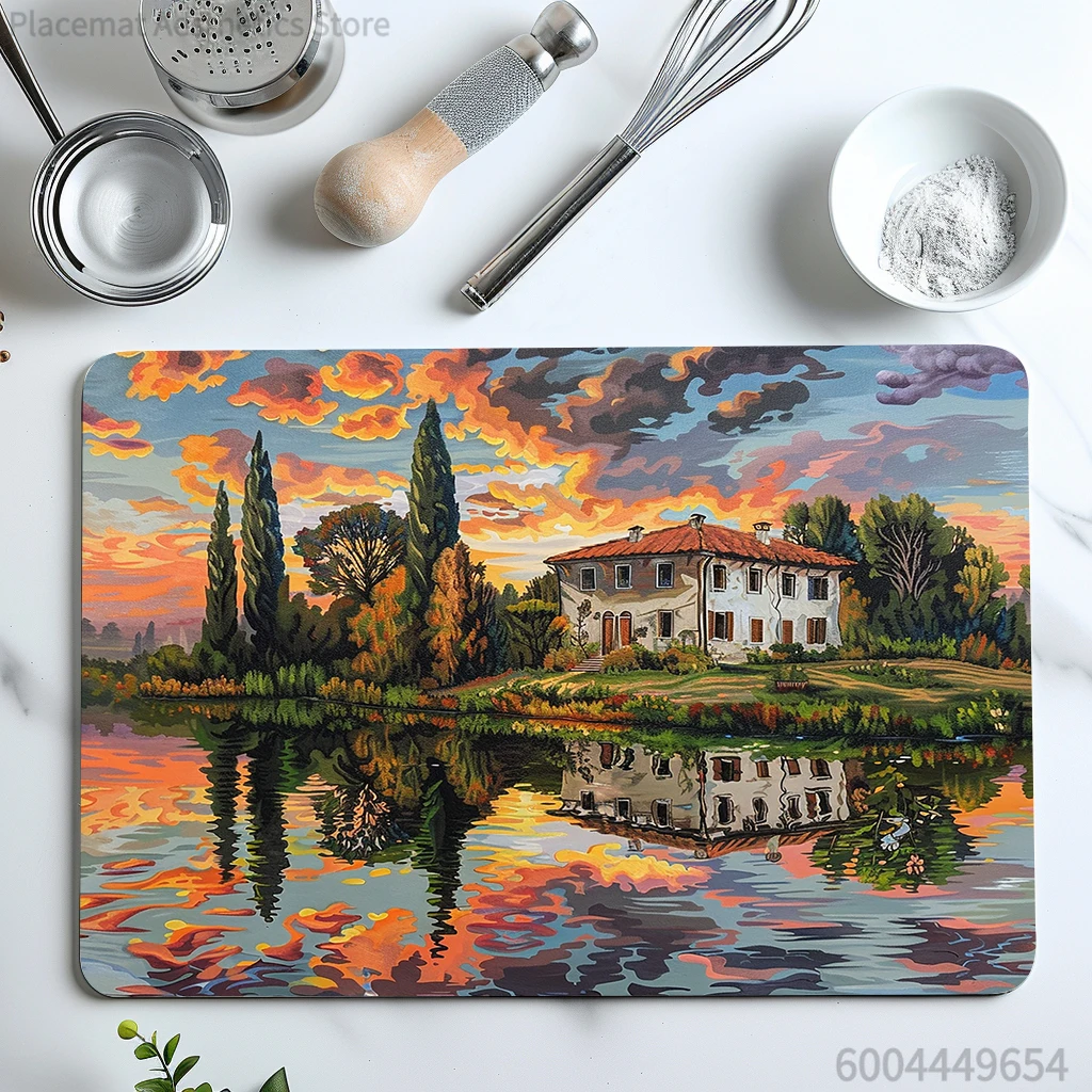 Absorbent Tableware Dish Drying Mats Houses Lakes Desk Drain Pad Heat Resistant Counter  Mat Non-slip Draining Placemat Kitchen