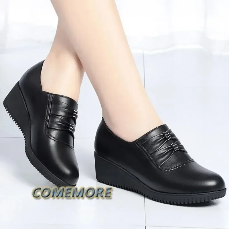 Otoño mamá PU plataforma plana de cuero invierno comodidad negro zapatos de mujer mocasines cuñas tacón zapatos de Ballet femeninos Casual cabeza redonda