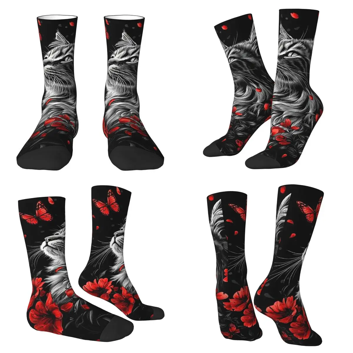 

Floral Art Cat Retro Socks Harajuku High Quality Stockings All Season Long Socks Accessories for Man's Woman's Christmas Gifts