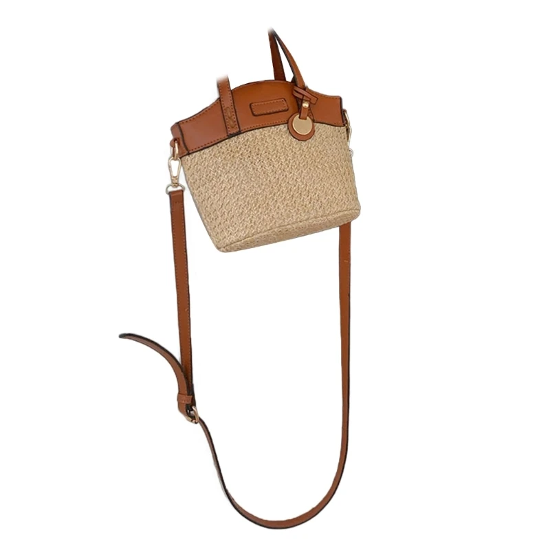 

Woven Straw Handbag Beach Colorblock Spliced Crossbody Bag Top Handle Bucket Bag