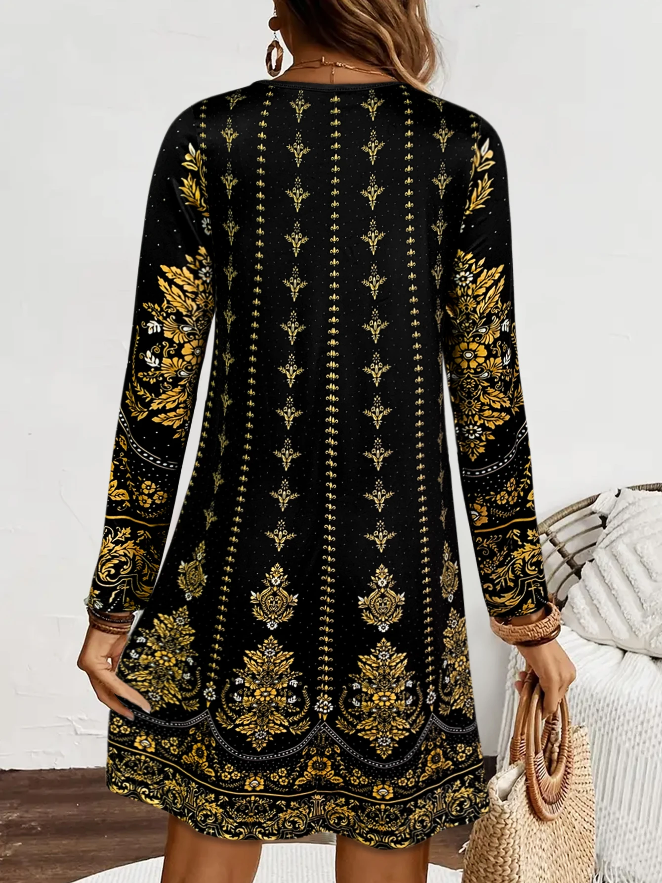 Zwarte damesjurk met lange mouwen, elegante jurk met lange mouwen voor dames, elegante casual en feestkleding