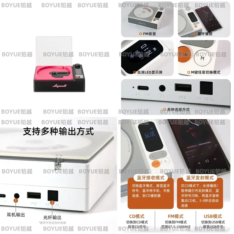 Portable Bluetooth CD Player Wireless Stereo Sound Box Rechargeable Music Album Disc Player Compact Desktop Audio Gift