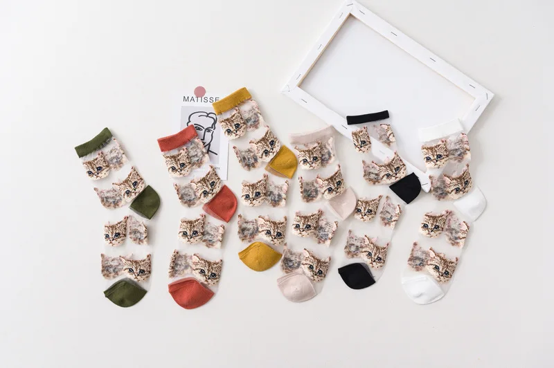 Frauen Transparent Nette Katze Socken Kawaii Damen Japanische Mode Koreanische Trendy Sommer Dünne Kristall Seide Socke Glasfaser Strumpf – Detail 5