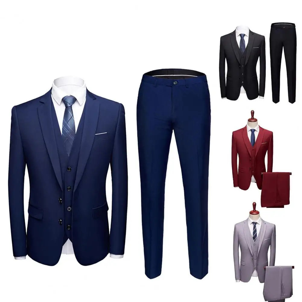 Business Suit Fabulous Pockets Men Suit Long Pants Sleeveless Waistcoat 3 Piece Set for Banquet