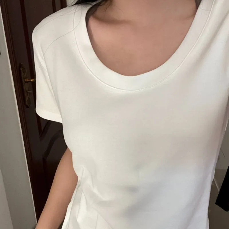 Short-sleeved T-shirt Women's Summer 2024 New Pure Cotton Slim Low U Neck Basic Top Shirts for Women Ropa De Mujer