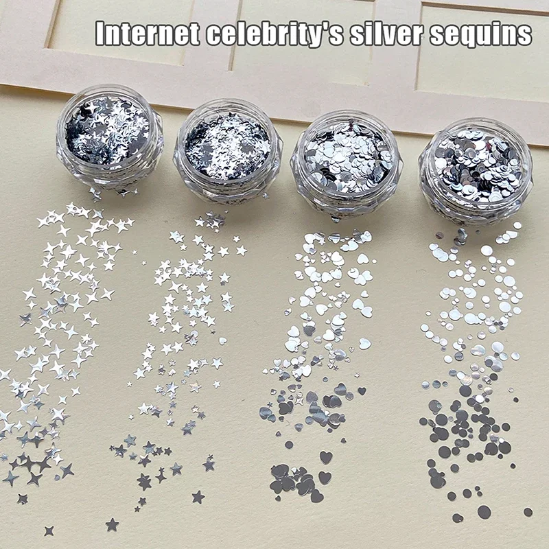 1Jar Nail Art Charms Shiny Silver Sequins Mix Shape Starlight Love Star Slice Decals Manicure Paillette Charms Nail Art Stickers