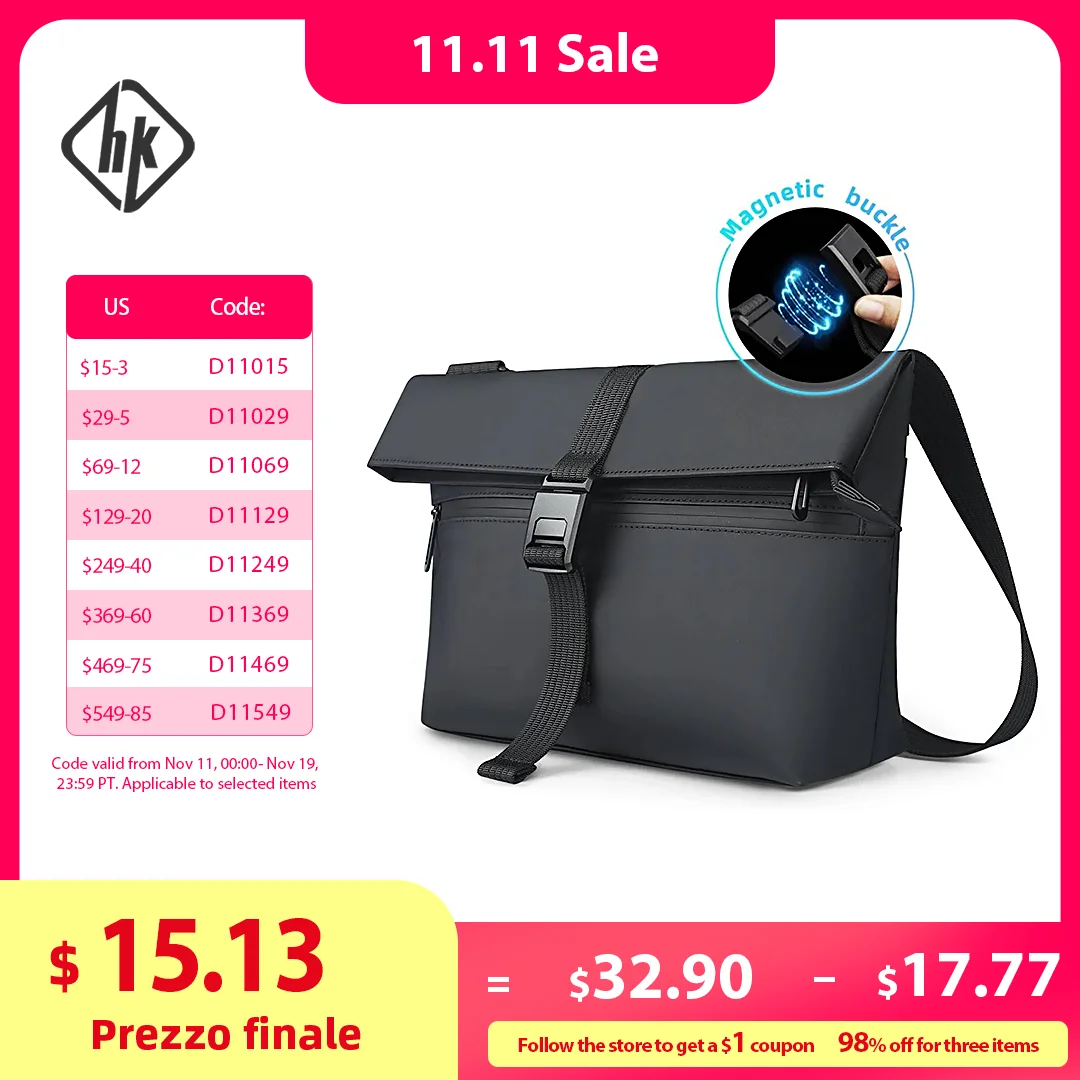 

HcanKcan Men's Crossbody Bag Waterproof Shoulder Bag Fit 13 Inches Laptop Waist Bag Large Capacity Messenger Bag Black Side Bag