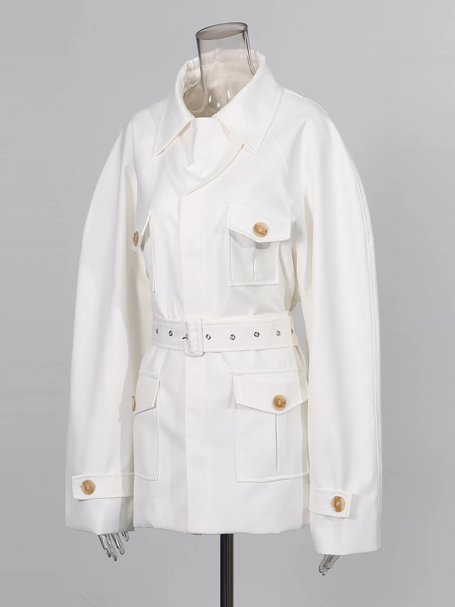 TWOTWINSTYLE Slimming Spliced Pockets Fashion Jackets for Women Lapel Long Sleeves Tunic Patchwork Belt Jacket Female Clothing