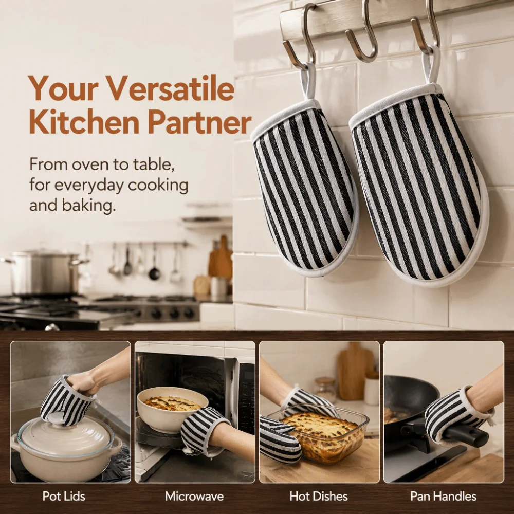 2PCS Durable Cotton Filling Oven Mitt Heat Resistant Mini Kitchen Oven Glove Striped Hanging Loop Cooking Mitten Cooking Baking