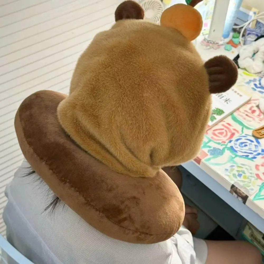 Kawaii Cartoon Capybara U Shape Pillow with Hat Noon Break Stuffed Neck Pillow Plush Soft Hooded Travel Pillow