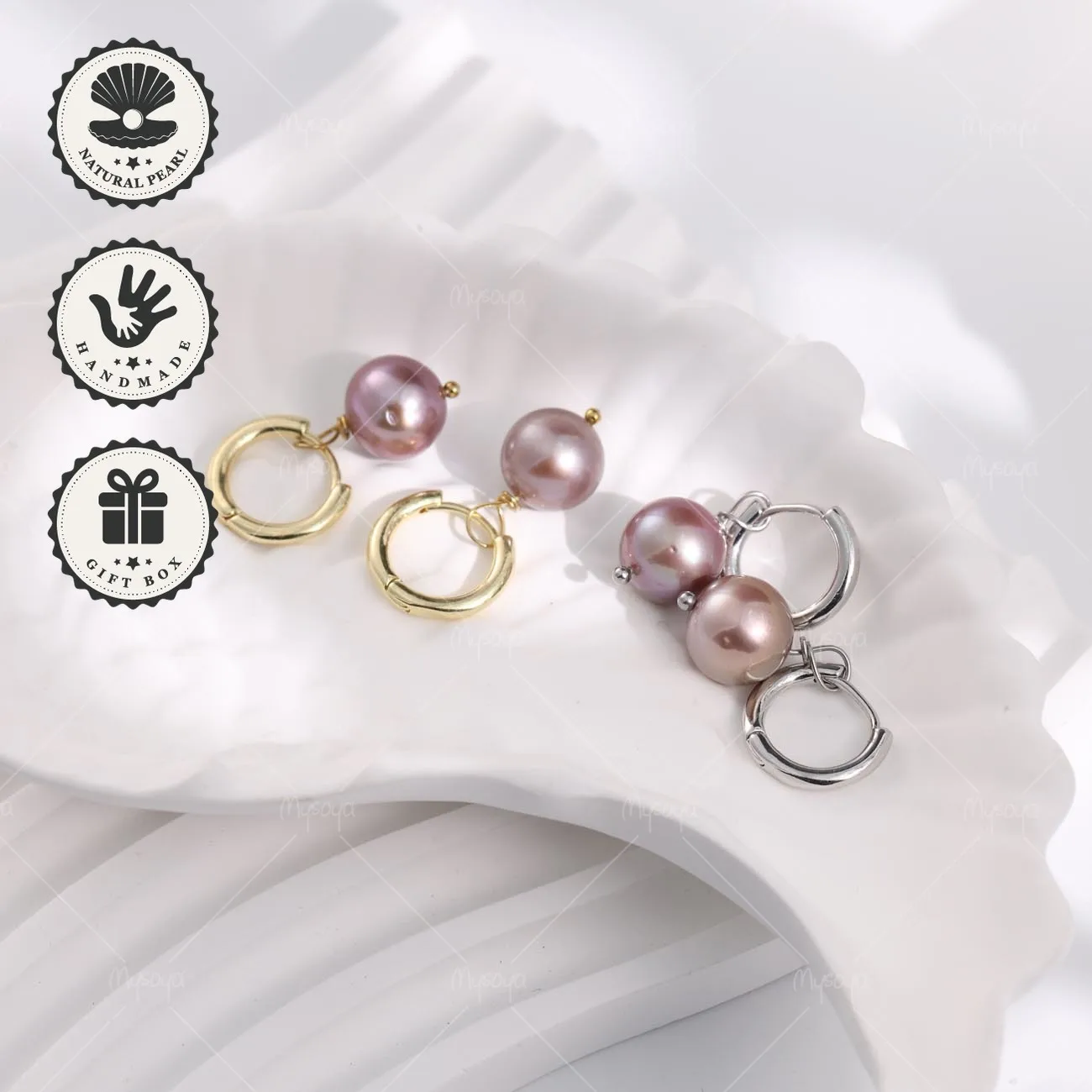 

Серьги Mysoya Golden Silvery Edison Pearl с крупными фиолетовыми пресноводными жемчужинами 10–12 мм, подарочная коробка, подарок на День святого Валентина, подарок на день рождения для нее