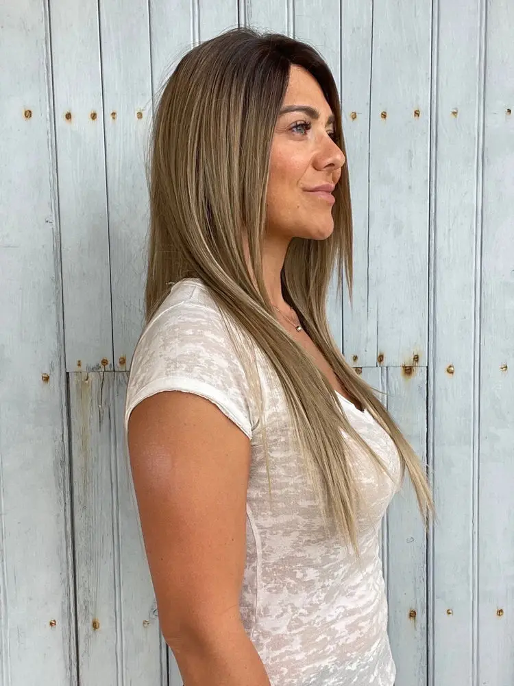 شعر مستعار أنثى الكرمل البني تسليط الضوء على الاصطناعية HD الدانتيل شعر مستعار أمامي 24 "قبل قطعها الطبيعية مستقيم مقاومة للحرارة الحرة فراق الألياف #2