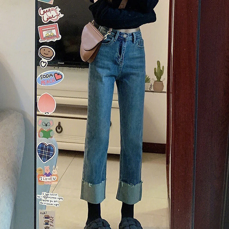  Retro Curled-Edge Women Straight Jeans Summer New High Waist Solid Slim Ankle-Length Pants Simple All-Match Stretch Denim Pants
