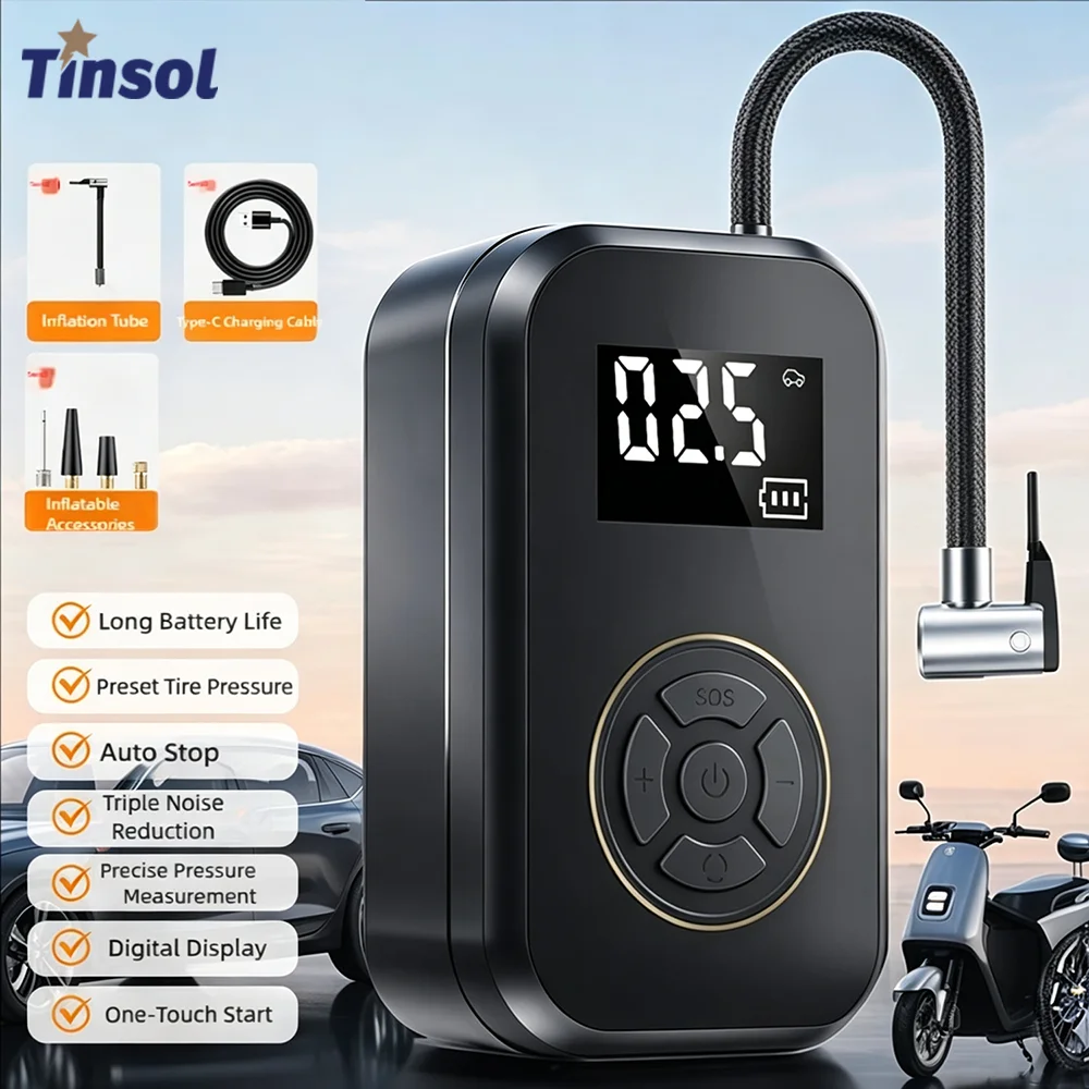 TINSOL Car-Mounted Inflatable Pump with Smart Wireless Digital Display, Suitable for Motorcycles, Small Cars, and Bicycles