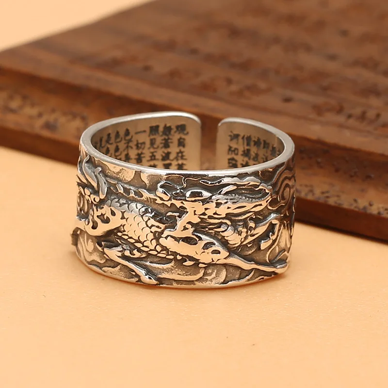 pure silver personalized solid kirin na fuxin sutra opening adjustable men's ring chinese style jewelry thai silver old style