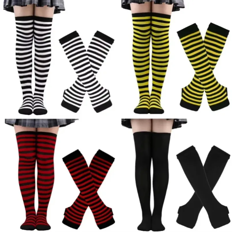 Women Thigh High Socks Arm Sleeve Gloves mittens Set Striped Stocking Ladies Girls Black White Long Over Above Knee Sock Lolita
