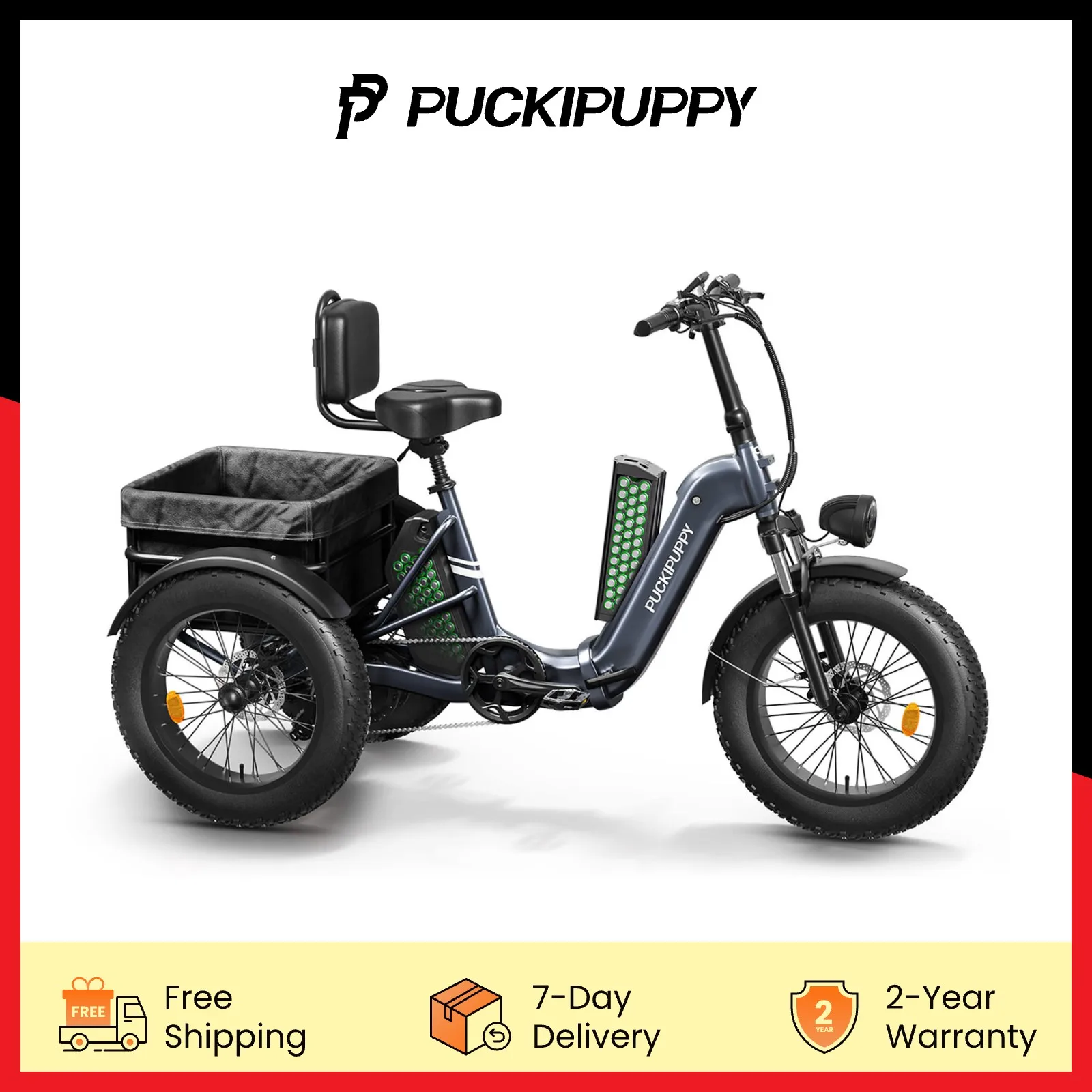 

PUCKIPUPPY Electric Tricycle for Adult 100 Miles Range 960W Peak Motor 48V/15Ah&17.4Ah Removable Battery Electric Trike