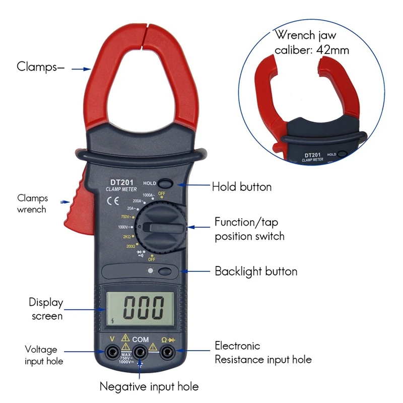 HOT SALE DT201 Clamp Meter Digital Multimeter 1000A AC Current AC/DC Voltage Tester 1999 Counts Hz Capacitance NCV Ohm Diode Tes