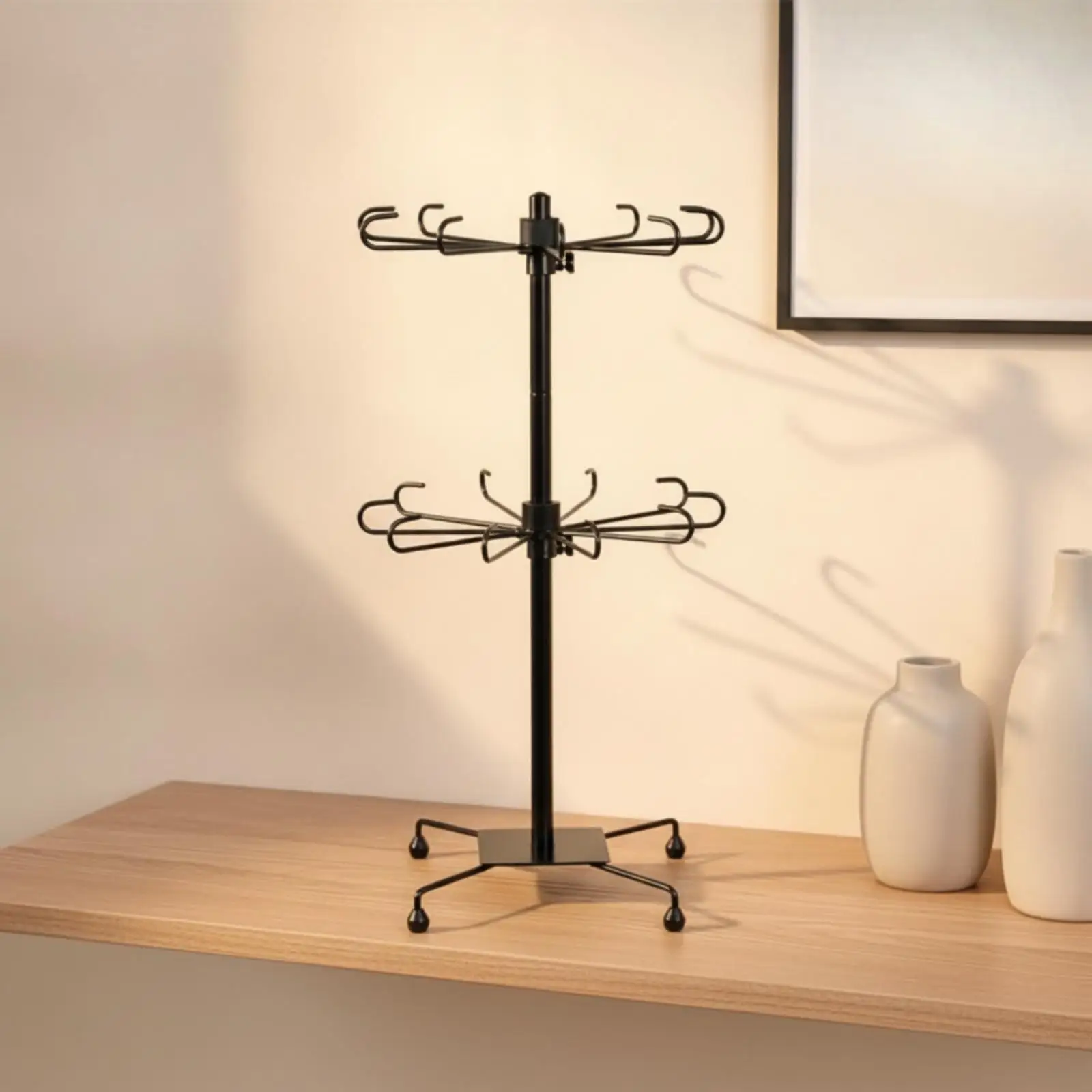 Space Saving Rotating Display Rack for Accessories Two Tier Metal Shelf with Hooks for Scarves Gloves and Socks Organizer