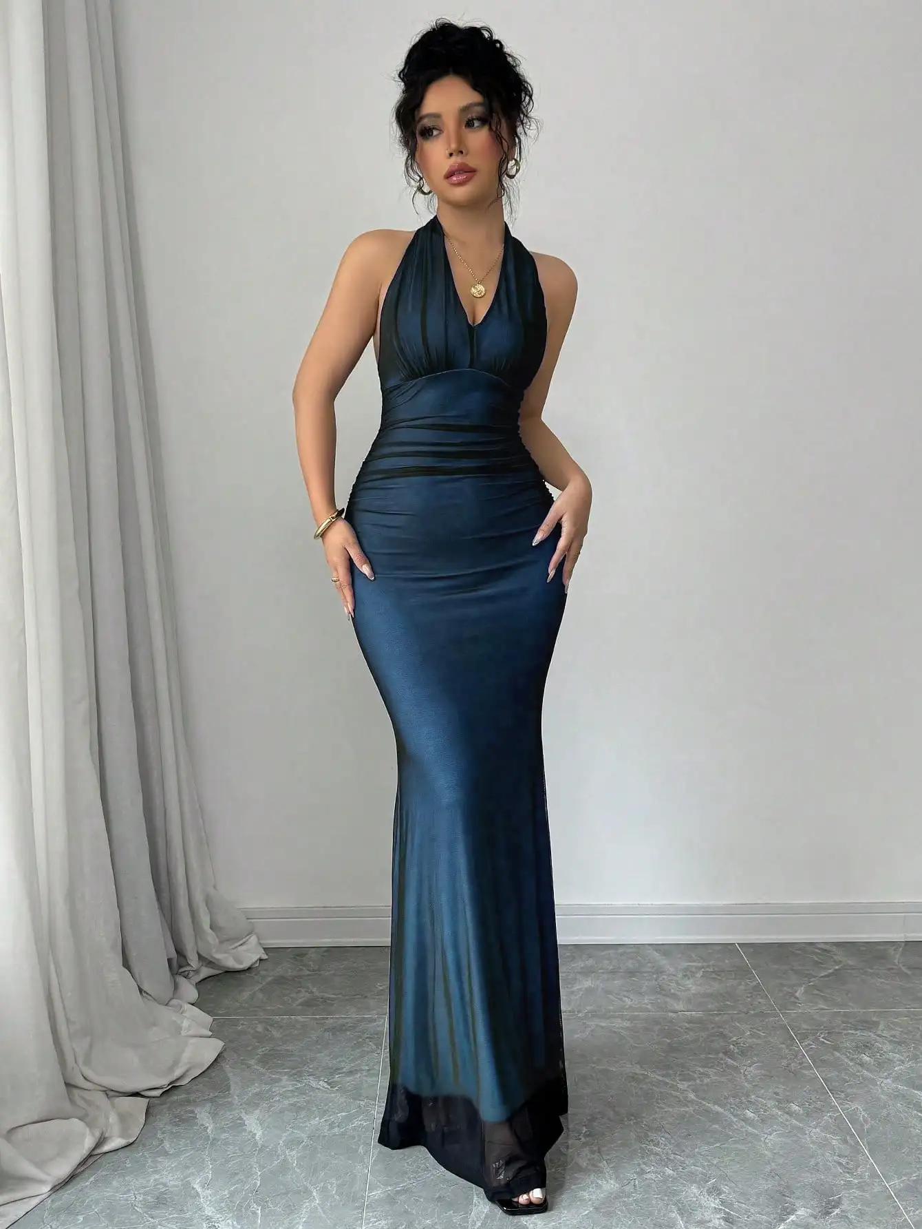 라페리자 우아한 바디콘 피쉬테일 메쉬 로즈 레드 안감 롱 드레스 여성용