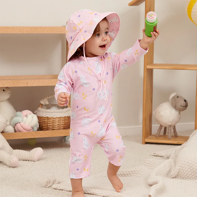 Baby Badeanzug einteiliger Badeanzug Junge mit Mütze upf50 UV-Schutz Langarm Dinosaurier Kinder Bade