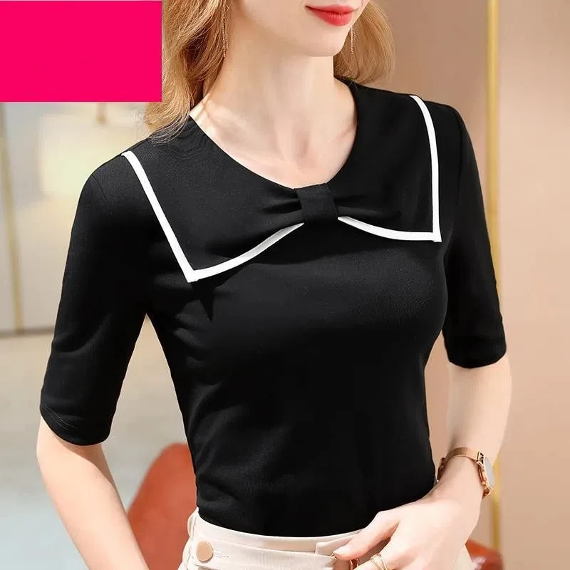 Age-reducing Temperament Bow Mid-sleeved T-shirt for Women in Autumn Women's Black and White Inner Wear T-shirt Base Shirt Top