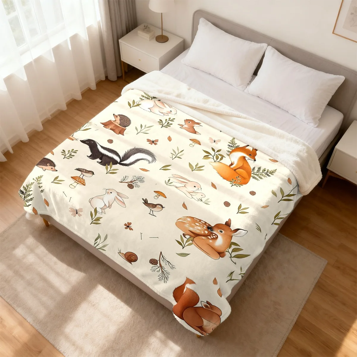 Soft Flannel Enchanted Forest Animal Print Blanket Fox Hedgehog Rabbit Mushroom Acorn Design, All-Season Cozy Throw for Camping