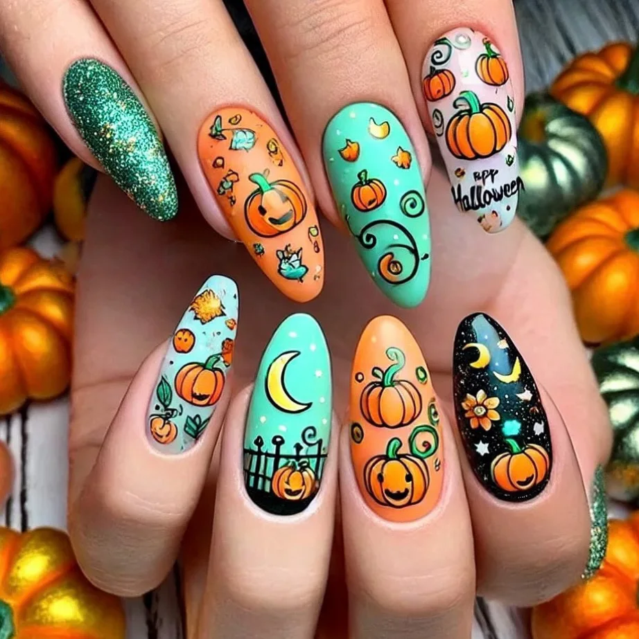 24 Stück Spirale Streifen Muster Press On Nails Stern Kürbis Laterne Halloween Elemants Falscher Nagel Blau Französischer Stil Mandel Fake Nail – Detail 10