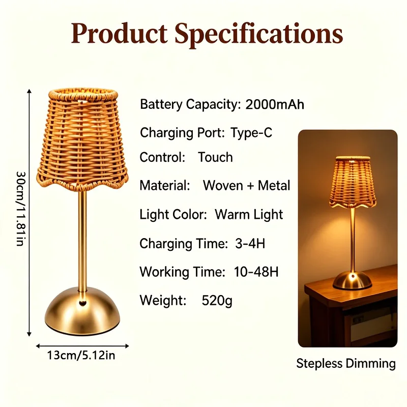 Bohemian Woven Rattan Art Table Lamp 3-Level Dimmable Touch Control USB Metal Bedroom Living Room Study Dining Room Lighting Gift for Family Friends view 2