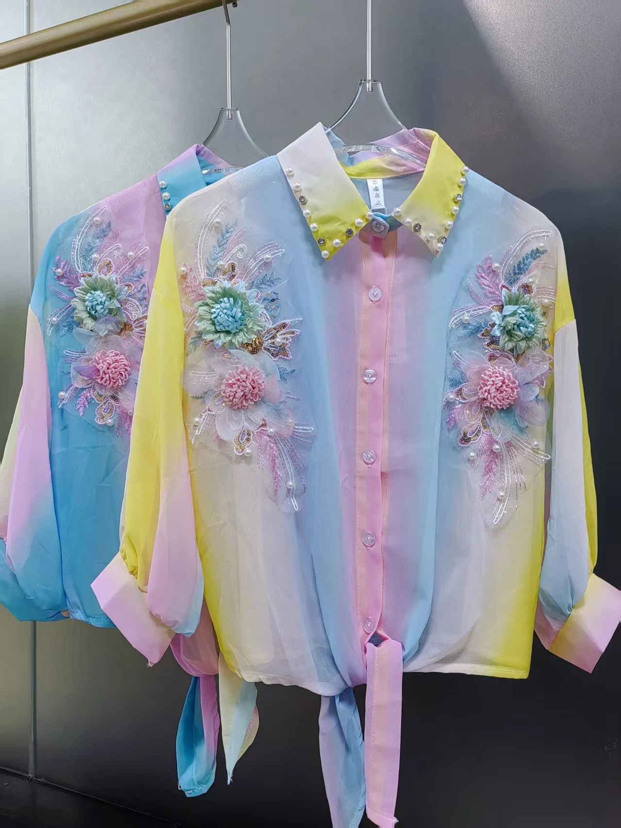 Blusas con protección solar de gasa de arcoíris y flores de estilo lujoso, camisas para mujer, ropa de calle, Tops cortos de verano, ropa Popular coreana