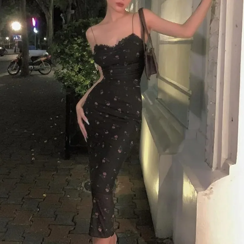 夏の女性のエレガントなスリム花柄ドレス女の子のシックなセクシーな黄色のサスペンダーロングドレス女性パーティークラブ Vestidos