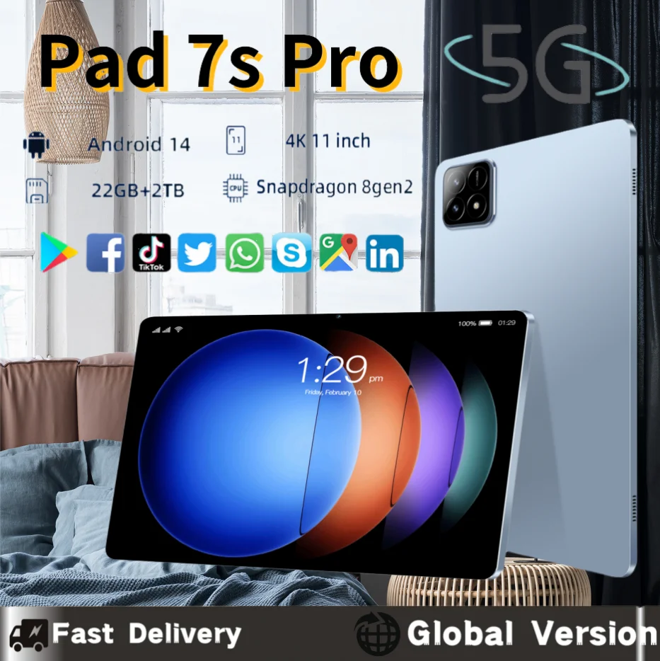 New Pad 7S Pro Tablet 22GB RAM 2TB ROM Android 14 Snapdragon8gen2 13MP+32MP Bluetooth 5G Gaming Thin & Light Popular Full Screen