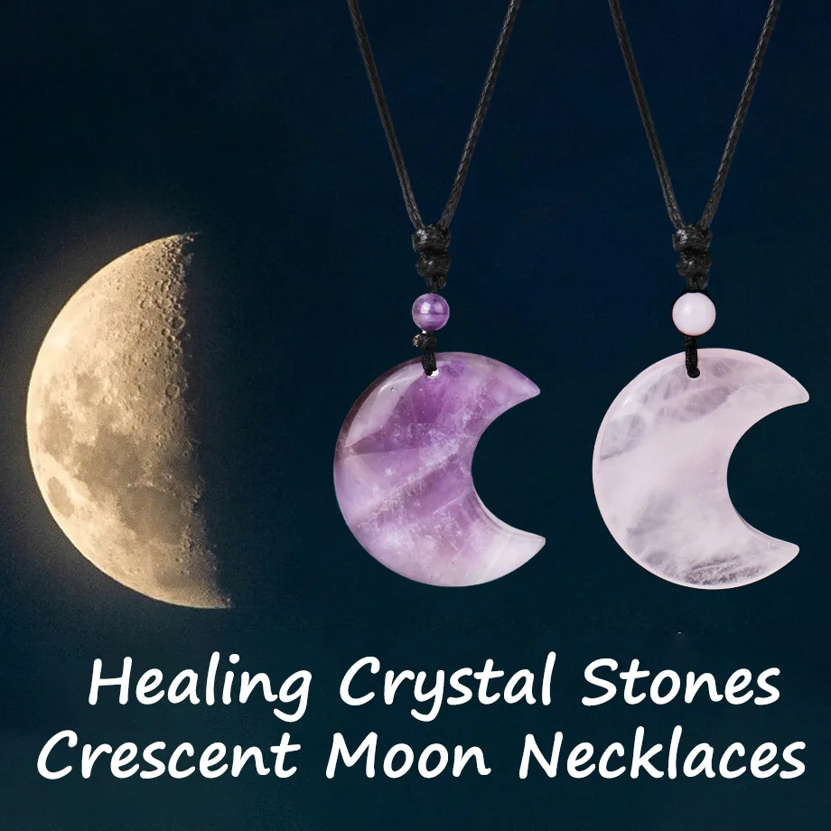 Crescent Moon Crystal Necklace Natural Stone Pendant Tiger Eye Amethysts Pink Quartz Black Obsidian Opal Rope Wrap Necklace H092