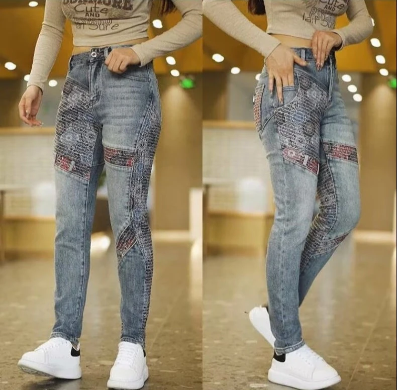 Pantalon à fleurs de cajou automne polyvalent élastique brodé Denim pantalon femmes haut de gamme épissage dames Cargo pantalon décontracté