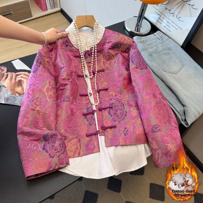 

New Chinese Sle National Trend Hanfu Long Sve round Ne Embroidered Cotton Jaet Heavy Work Satin Face Warm Outerwear
